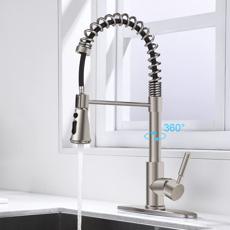 SOKA Single Handle Kitchen Pull Down Faucet with Sparyer Fit for 1 & 3 Hole with Three Working Modes Stream, Spray & Pause Brushed Nickel (SK5001NY) - Image 4